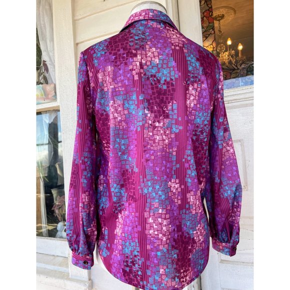 Vintage 1970s Womens Blouse Pink Purple Abstract Print - Picture 4 of 14